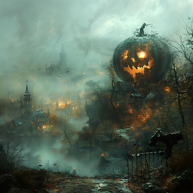 a halloween pumpkin is on a hill with a pumpkin on it