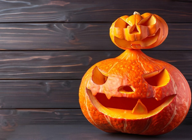 Halloween pumpkin jack o lantern on dark wooden background