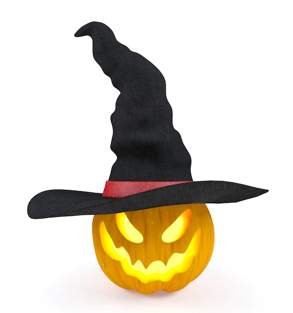 Halloween pumpkin, Jack O'Lantern, wearing witch hat isolated on white background