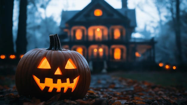 halloween pumpkin lantern on blurry creepy house background