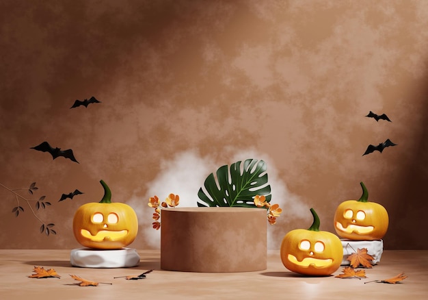 Halloween pumpkin lantern and product display podium 3D rendering