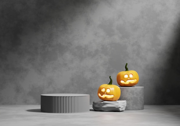 Photo halloween pumpkin lantern and product display podium 3d rendering