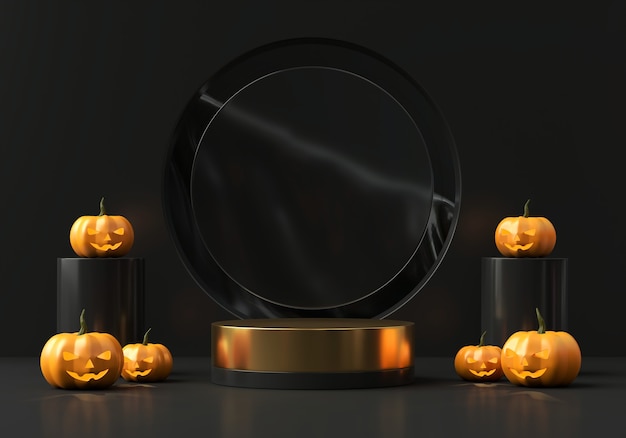 Photo halloween pumpkin lantern and product display podium 3d rendering