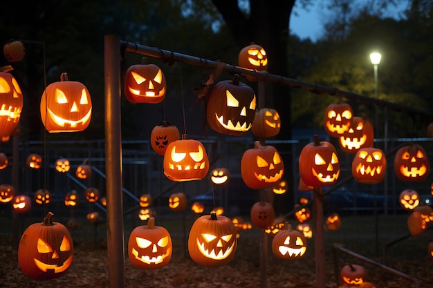 Halloween pumpkin lanterns at night in the park Selective focus