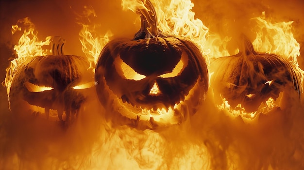 Halloween pumpkin lit on fire with a horror background