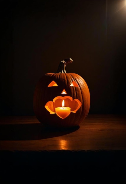 a halloween pumpkin lit up with a candle inside of it