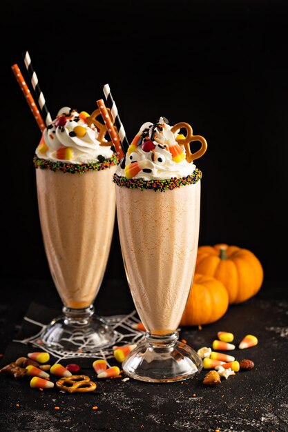 Halloween pumpkin milkshake decorated with candy