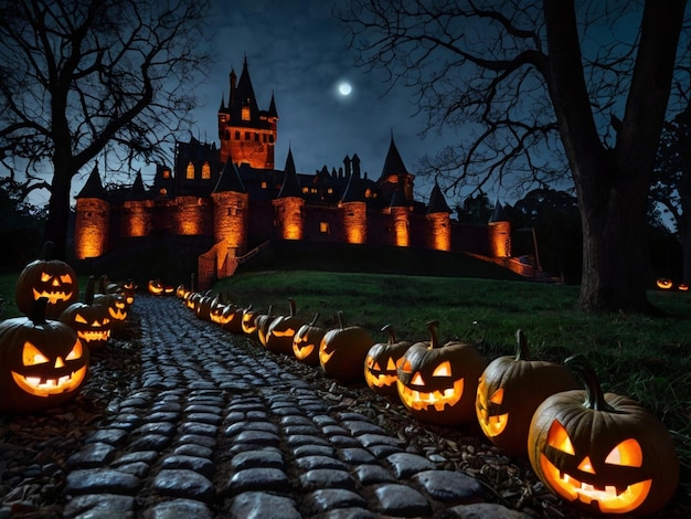 halloween pumpkin on night ghost house background