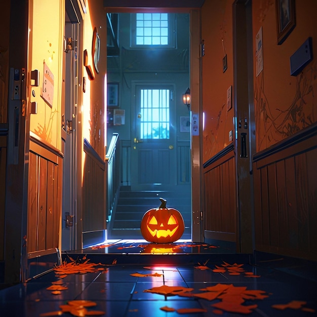 halloween pumpkin on night ghost house background