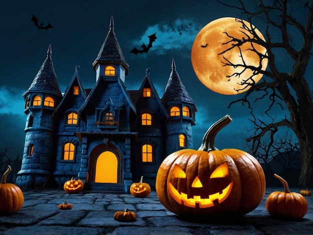 halloween pumpkin on night ghost house background