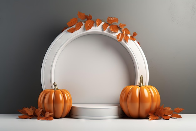 Halloween pumpkin ornament adorned with white podium and space for ad display