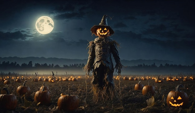 Halloween pumpkin scarecrow on a wide field with the moon