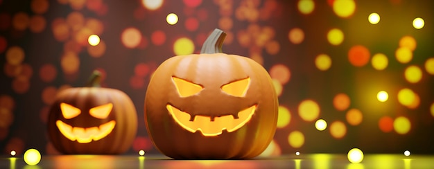 Halloween pumpkin scary eyes glowing in bokeh lights background