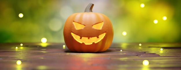 Halloween pumpkin scary eyes glowing in bokeh lights background