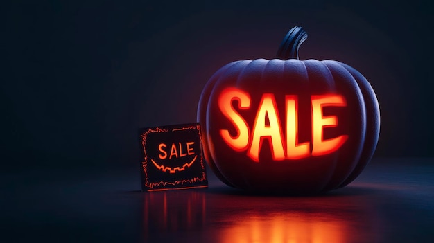 Photo halloween pumpkin showing sale sign offering discounts for the holidays