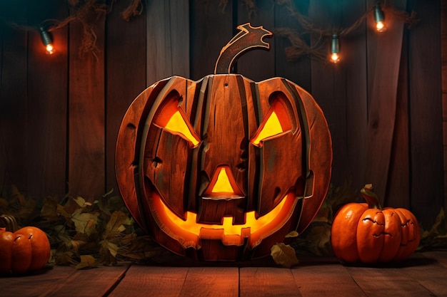 A halloween pumpkin sits in front of a wooden fence.