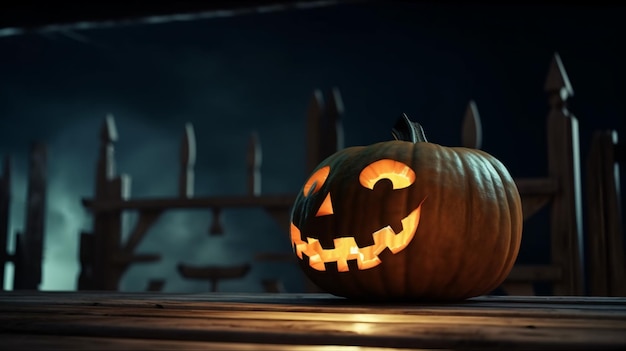 A halloween pumpkin sits on a table in front of a fence.