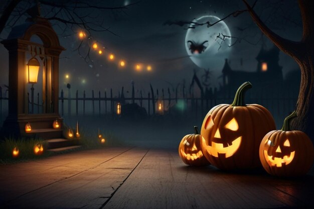 a halloween pumpkin sits on a wooden floor in front of a fence with a ghost behind it