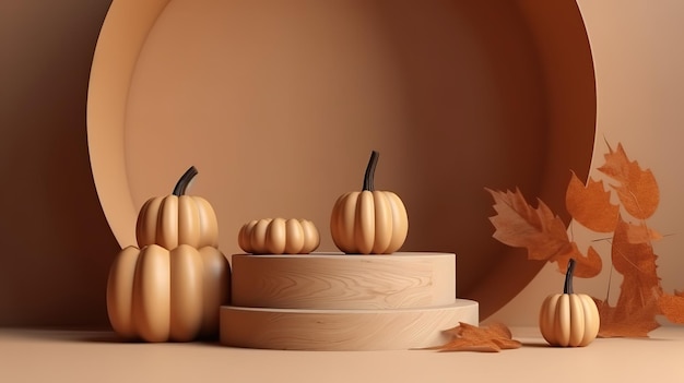 Halloween pumpkin and stone podium pedestal product display Generative ai