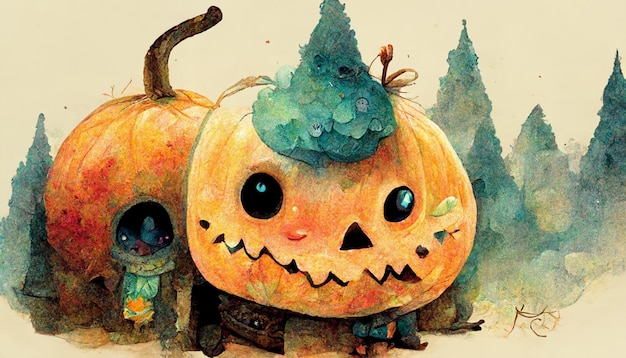 Halloween pumpkin watercolor illustration.3D illustration.Use digital paint blurring techniques.