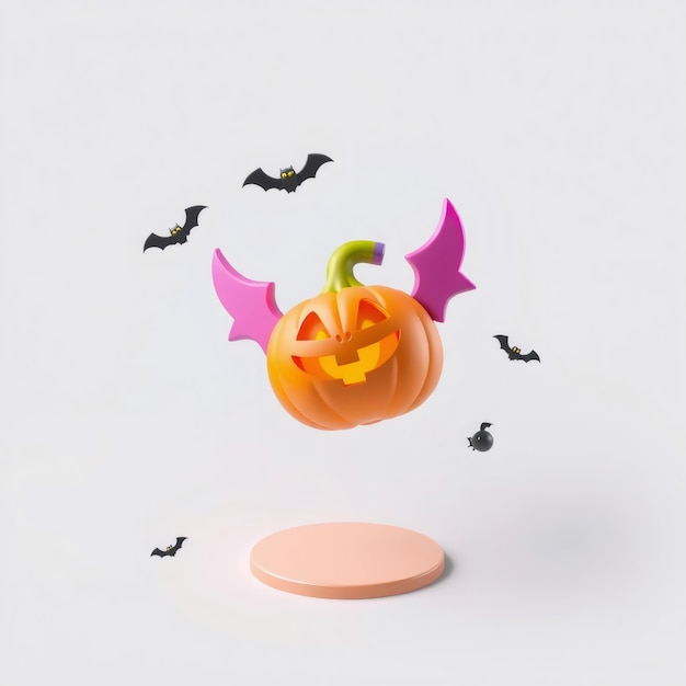 Photo halloween pumpkin with bat wings flying over a pink platform