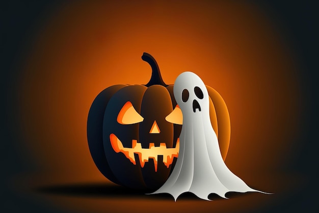 A Halloween pumpkin with a bright white ghost inside and a simple backdrop