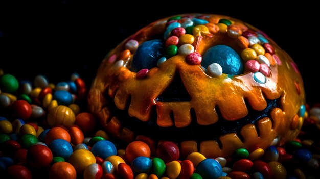 A halloween pumpkin with candy on it