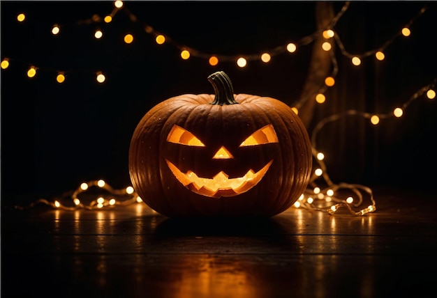 a halloween pumpkin with a face carved on it on a wooden table is lit up