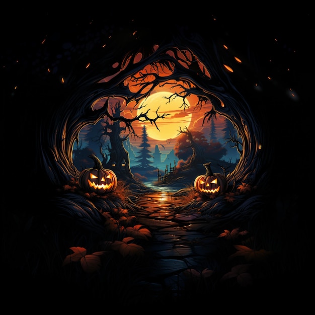 Halloween pumpkin with a full moon in the background illustration style for tshirt artwork