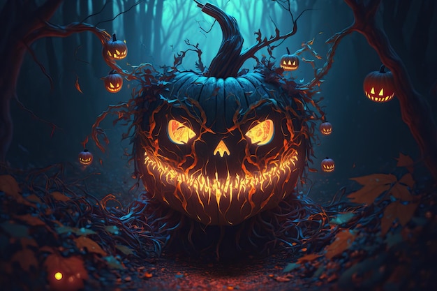 A halloween pumpkin with glowing eyes sits in a dark forest.