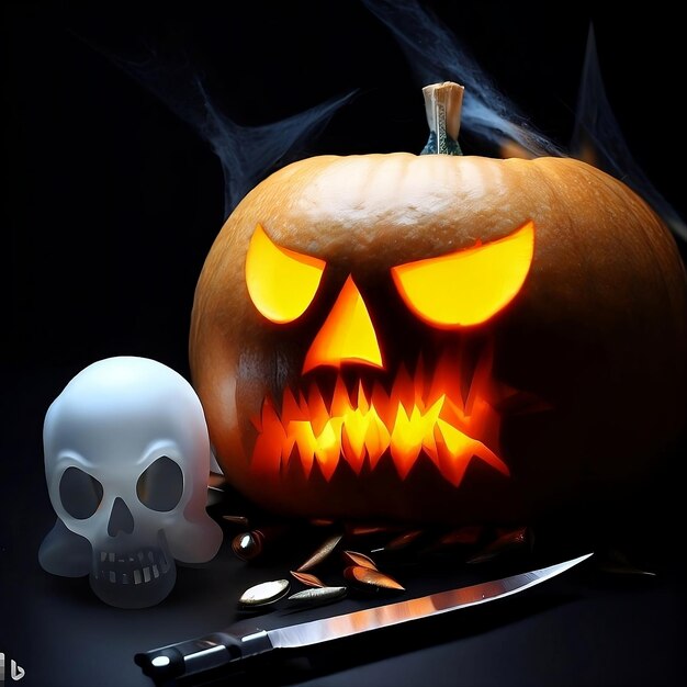 a Halloween pumpkin with glowing eyes and a skull