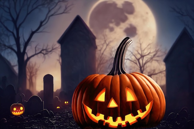 Halloween pumpkin with glowing eyes smiling in a graveyard at night against the full moon Digital illustration