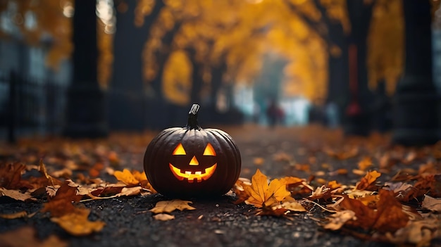 Halloween pumpkin with lantern on wooden