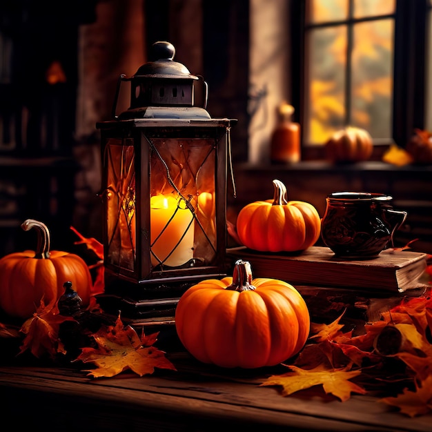 Halloween pumpkin with lantern on wooden