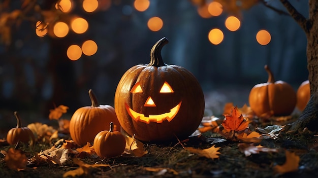 Halloween pumpkin with lantern on wooden