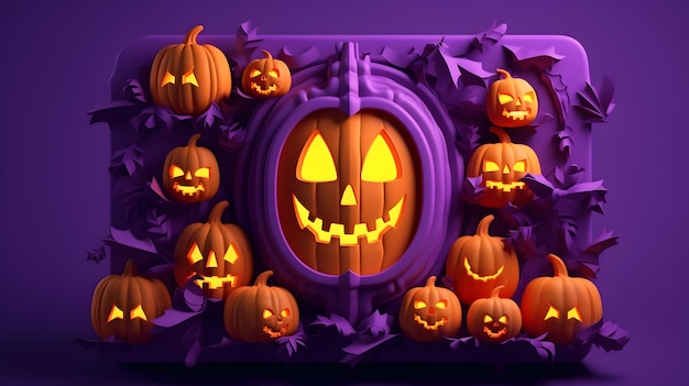 Halloween pumpkin with magic book on purple background