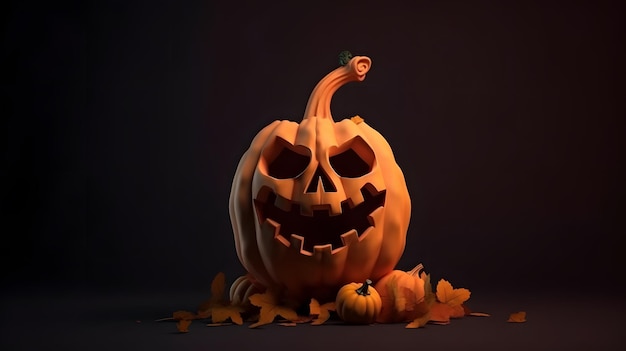 A halloween pumpkin with a scary face on a dark background.