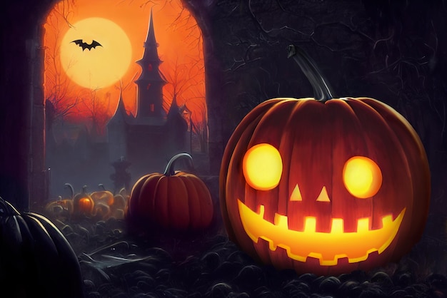 Halloween pumpkin with smiling spooky face against night landscape Digital illustration