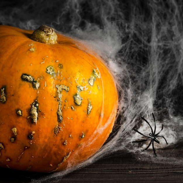 Halloween pumpkin with spider and web