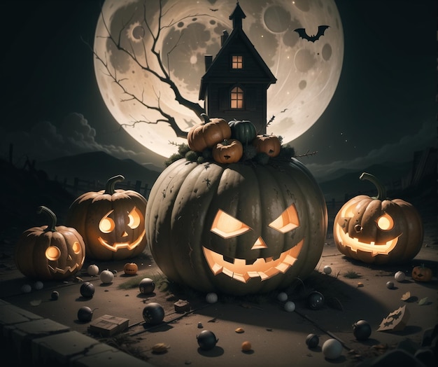 A halloween pumpkin with a spooky house on top of it.