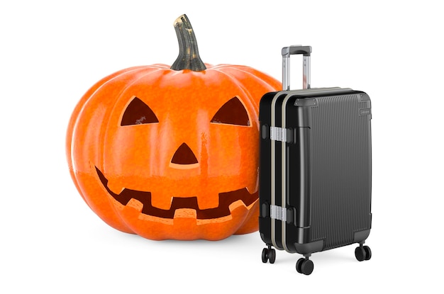 Halloween pumpkin with suitcase 3D rendering