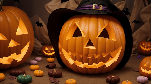 a halloween pumpkin with a witch hat on it