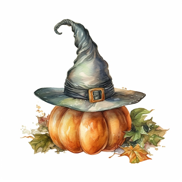 A halloween pumpkin with a witch hat on it.