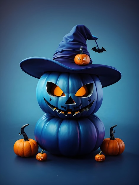 Halloween pumpkin with witch hat with bat