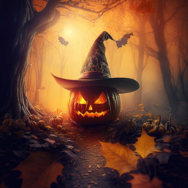 Halloween Pumpkin with Witch's Hat in Mystic Forest Generative AI