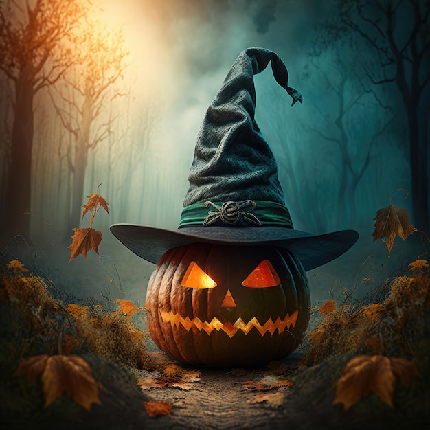 Halloween Pumpkin with Witch's Hat in Mystic Forest Generative AI