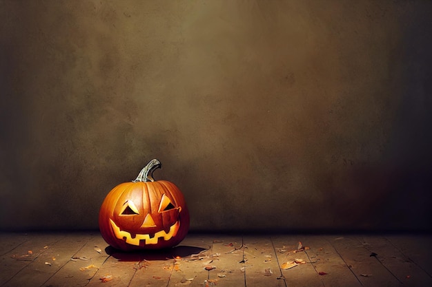 Halloween pumpkin on wood floor carved face in orange pumpkin