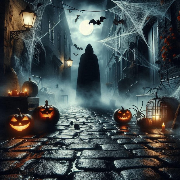 halloween pumpkins are on a cobblestone street in a foggy night