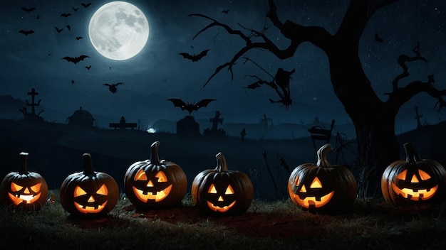 a halloween pumpkins are on a field with a full moon in the background