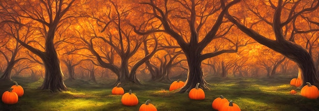 Halloween pumpkins are lying in the forest under the trees Panorama of a fabulous forest on the eve of Halloween 3d illustration